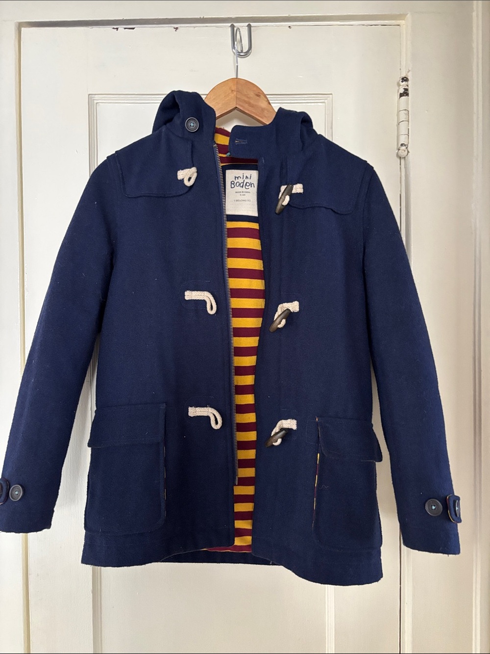 Mini Boden Navy Hooded Toggle Pea Coat with Striped Lining